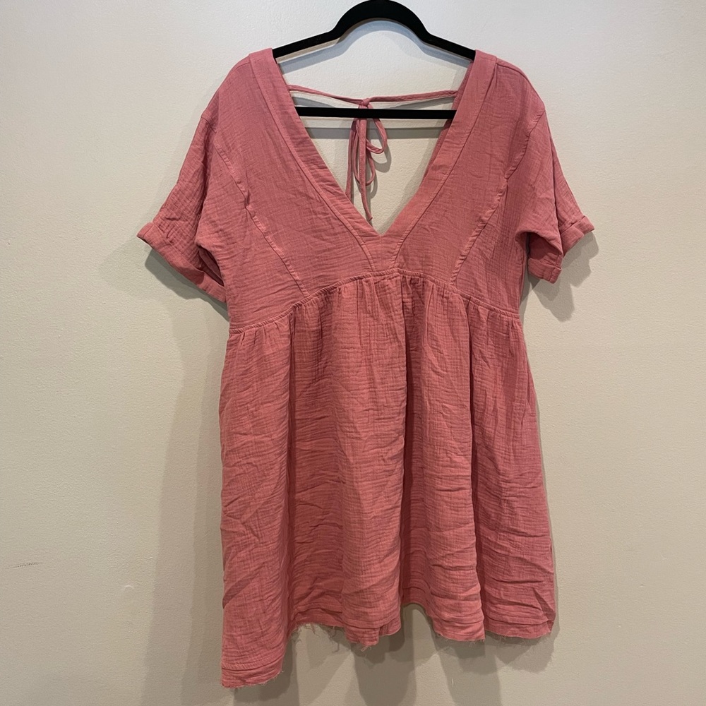 NWT Summer Short Sleeve V Neck Linen Casual Swing Tunic Mini Dress w/ Pockets
